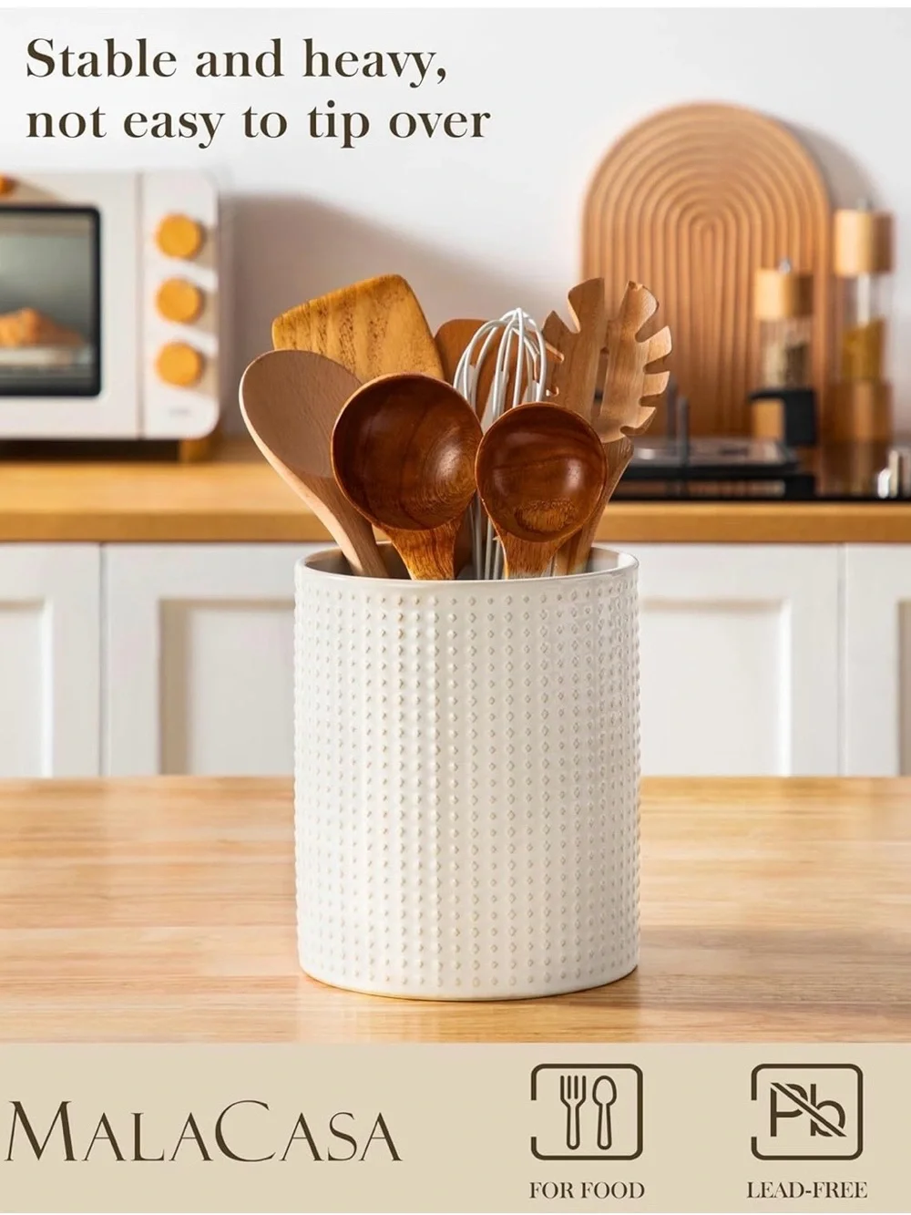 White Ceramic Utensil Holder - Textured Kitchen Crock